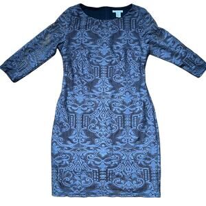 GRAY PATTERN "PEEK THROUGH" MIDI DRESS WITH ZIPPERED BACK & INNER LINER-LIKE NEW